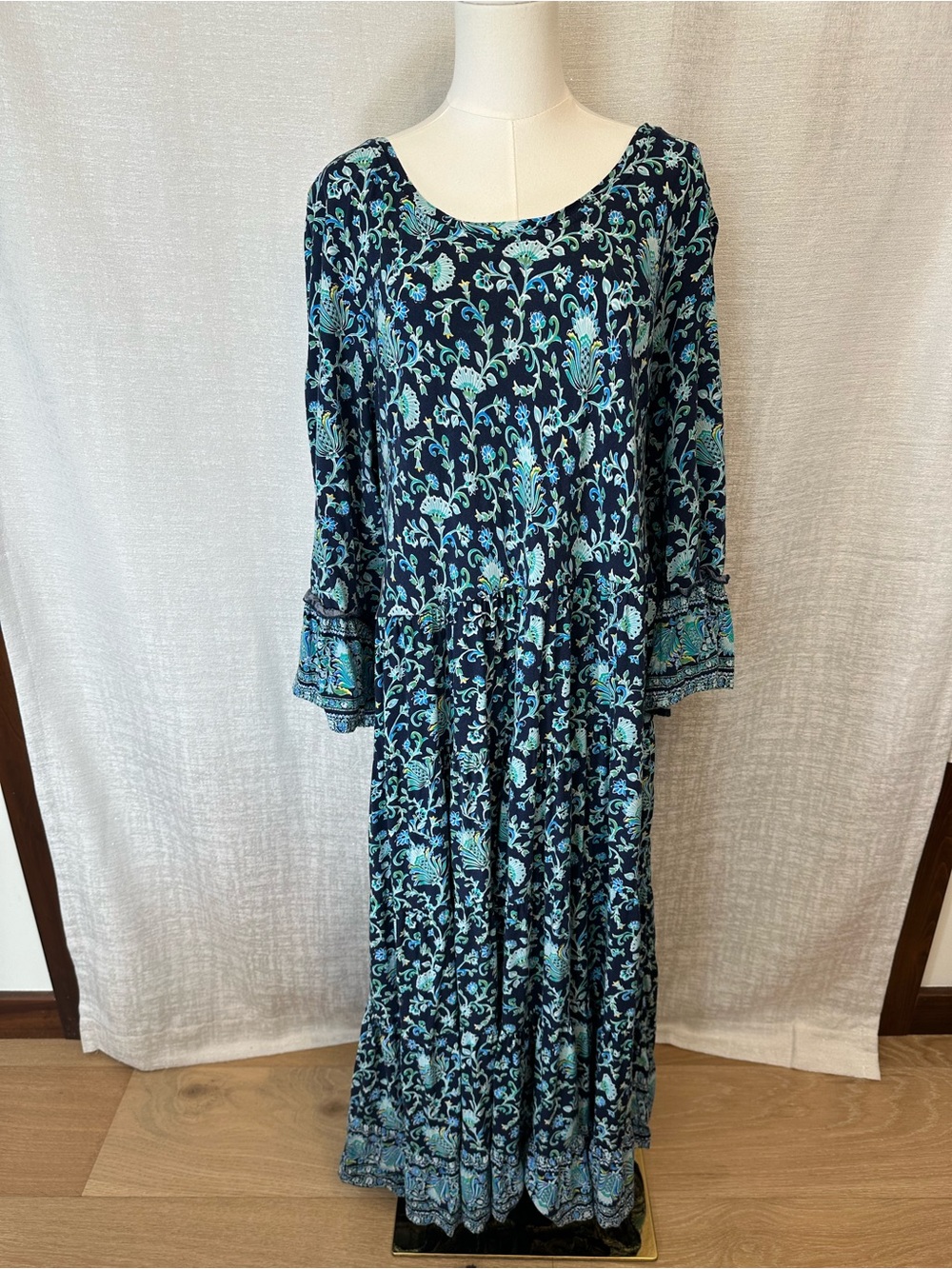 Soft Surroundings Boho Navy, Teal & Aqua Floral Maxi Floral Dress